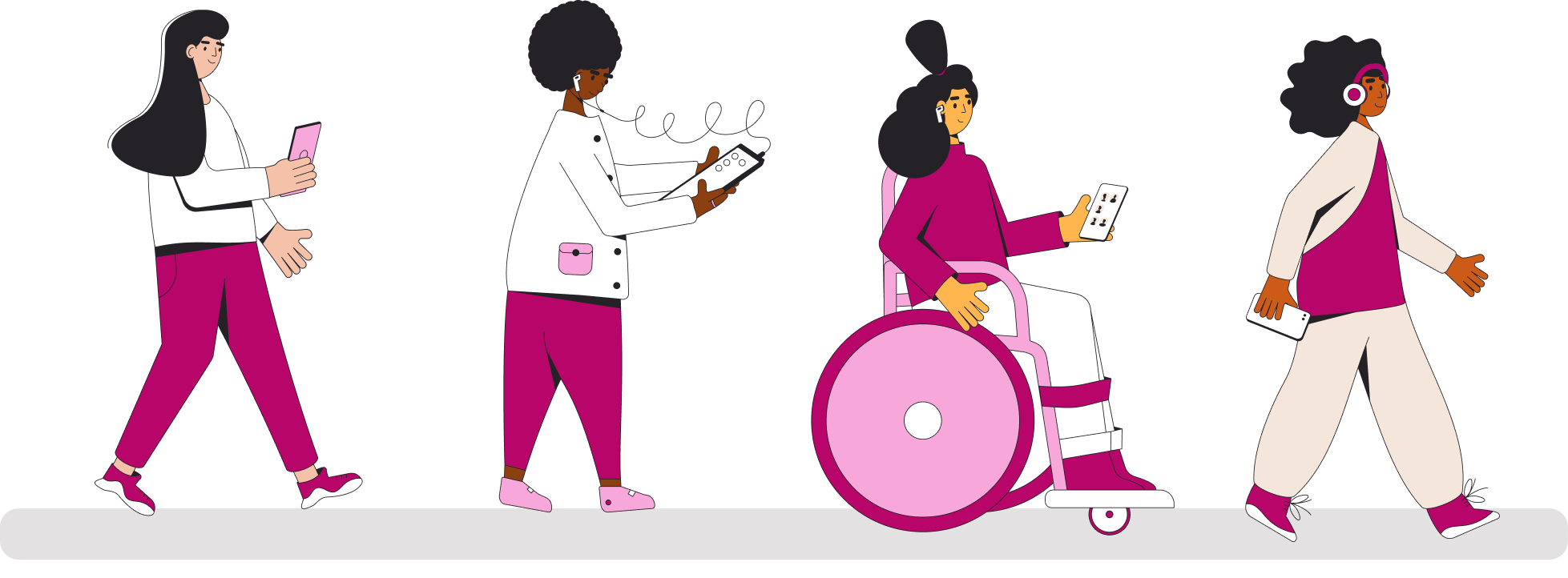 Illustration of four women in tech walking together, one using a wheelchair
